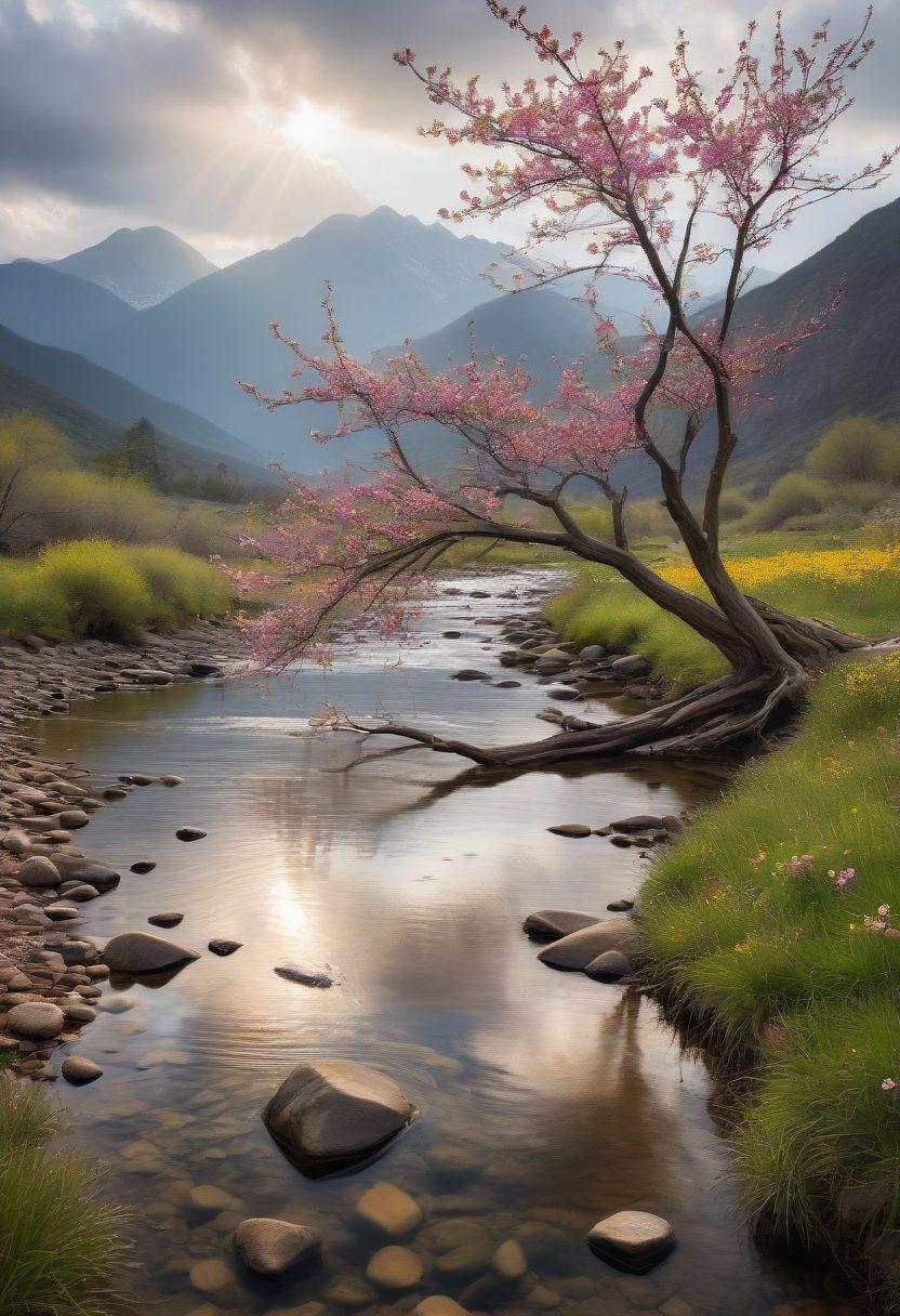A serene landscape depicting a tree with both wilted and blossoming branches, symbolizing the contrast between grief and growth. The foreground features a gentle stream flowing, reflecting a cloudy yet hopeful sky. Soft rays of sunlight break through the clouds, illuminating the blossoms. In the background, shadowy mountains embody challenges overcome. The scene should evoke a sense of tranquility and resilience. painting. vibrant colors. emotional expression.