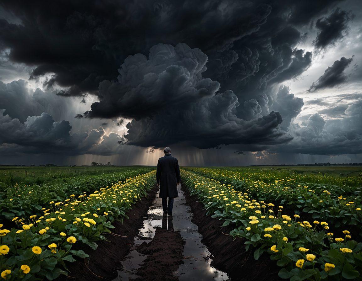 A shadowy landscape where dark clouds loom overhead, with a lone figure standing at the forefront, symbolizing introspection. The ground is a mix of wilting flowers and emerging sprouts, illustrating the duality of despair and growth. Soft light breaks through the clouds, casting hope on the scene. The figure is depicted in deep thought, capturing a moment of reflection and transformation. surrealistic. dark tones with hints of light.