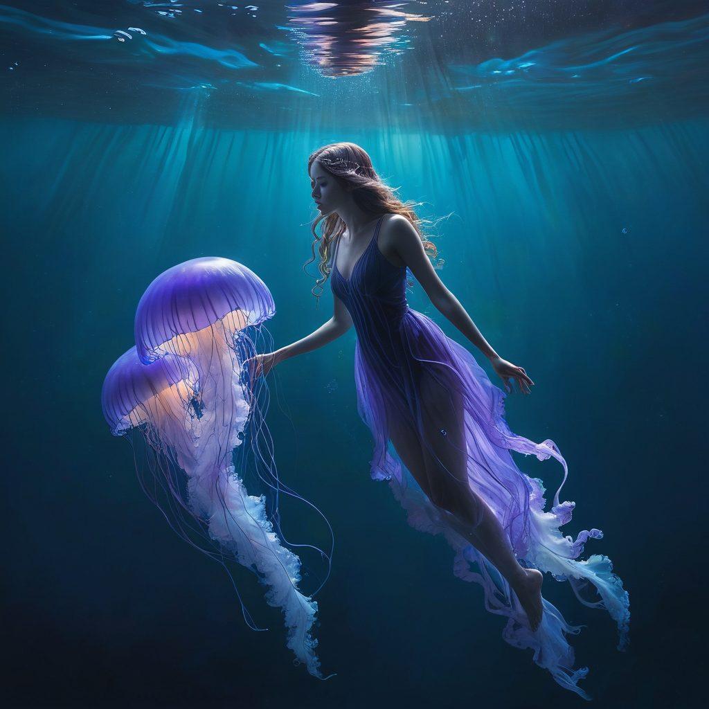A dimly lit underwater scene representing the depths of sadness, featuring a solitary figure floating amidst swirling azure waters, surrounded by ethereal jellyfish emitting soft glows, symbolizing sorrowful emotions. Bubbles rise to the surface, illustrating the journey through grief. The color palette predominantly consists of deep blues and muted purples. super-realistic. vibrant colors. ethereal lighting.